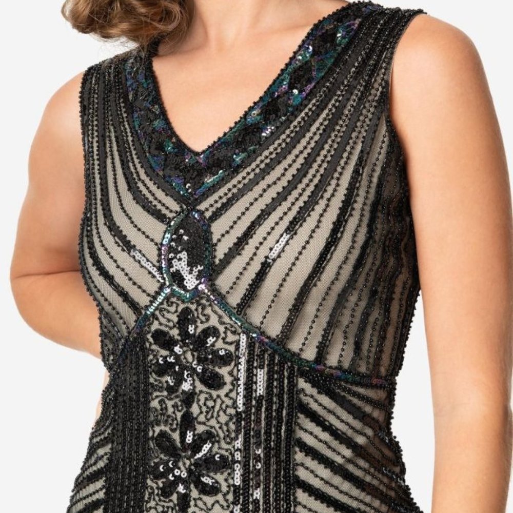 Unique Vintage Black and Beige 1920 Inspired Beaded Flapper Dress-1A - Picture 3 of 3